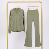 Slim fit stand up collar jacket and cropped bell-bottoms pants set, elastic quick drying fitness yoga suit