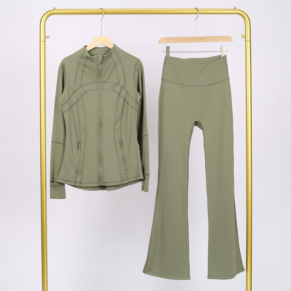 Slim fit stand up collar jacket and cropped bell-bottoms pants set, elastic quick drying fitness yoga suit