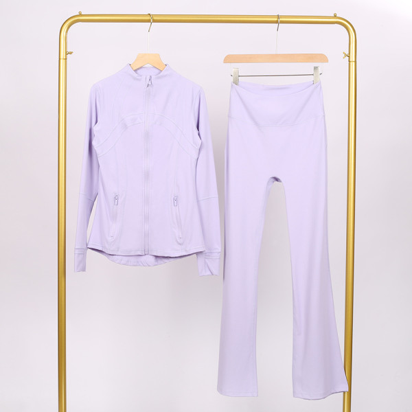 Slim fit stand up collar jacket and cropped bell-bottoms pants set, elastic quick drying fitness yoga suit