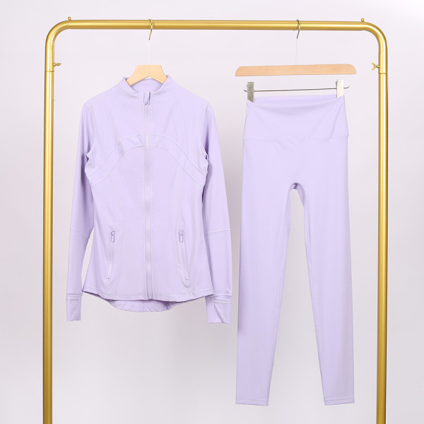 Slim fit stand up collar jacket and cropped pants set, elastic quick drying fitness yoga suit
