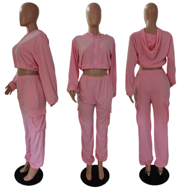 Zipper long sleeved top with side pockets, long pants set