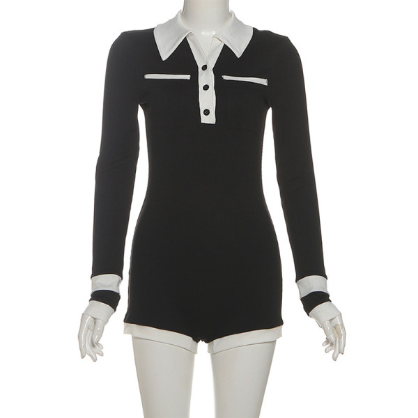 Collar button high waisted long sleeved jumpsuit