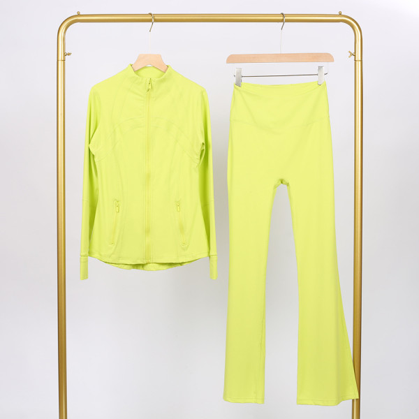 Slim fit stand up collar jacket and cropped bell-bottoms pants set, elastic quick drying fitness yoga suit