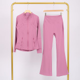 Slim fit stand up collar jacket and cropped bell-bottoms pants set, elastic quick drying fitness yoga suit