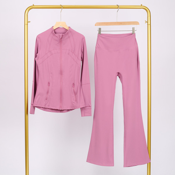 Slim fit stand up collar jacket and cropped bell-bottoms pants set, elastic quick drying fitness yoga suit