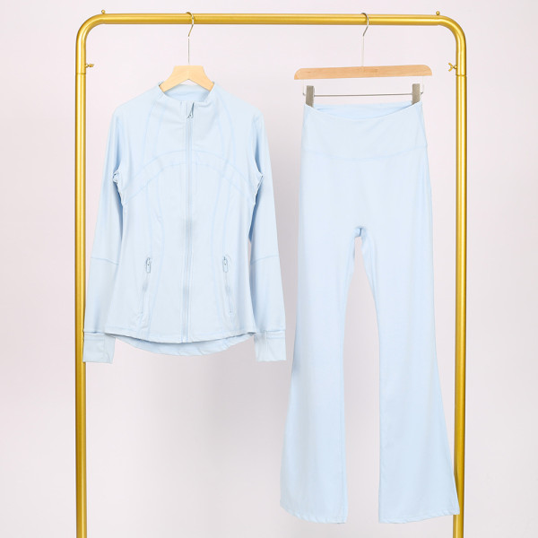 Slim fit stand up collar jacket and cropped bell-bottoms pants set, elastic quick drying fitness yoga suit