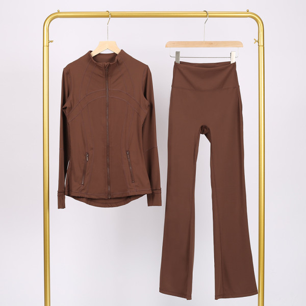 Slim fit stand up collar jacket and cropped bell-bottoms pants set, elastic quick drying fitness yoga suit
