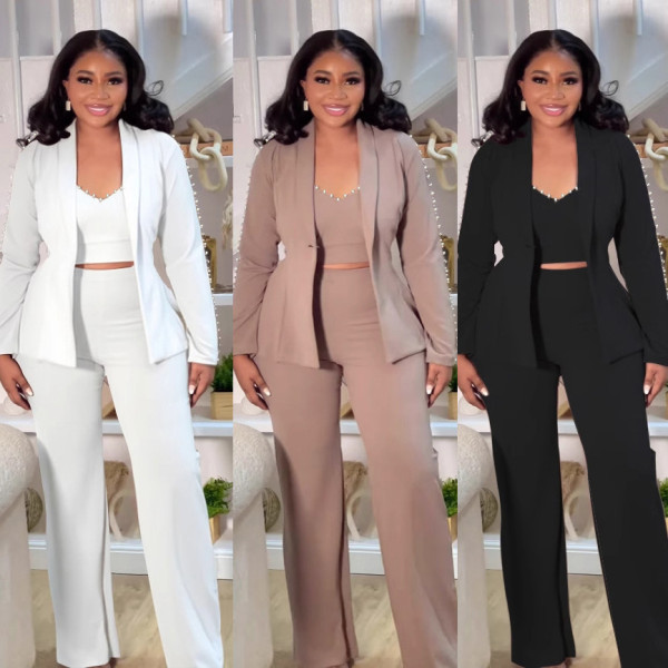 Pearl collar suit three piece set