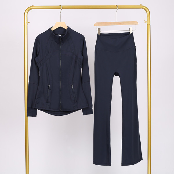 Slim fit stand up collar jacket and cropped bell-bottoms pants set, elastic quick drying fitness yoga suit