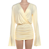 V-neck high waisted pleated hip hugging flared sleeve dress