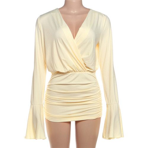 V-neck high waisted pleated hip hugging flared sleeve dress