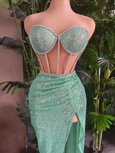 Sparkling rhinestone sequin top and long skirt set