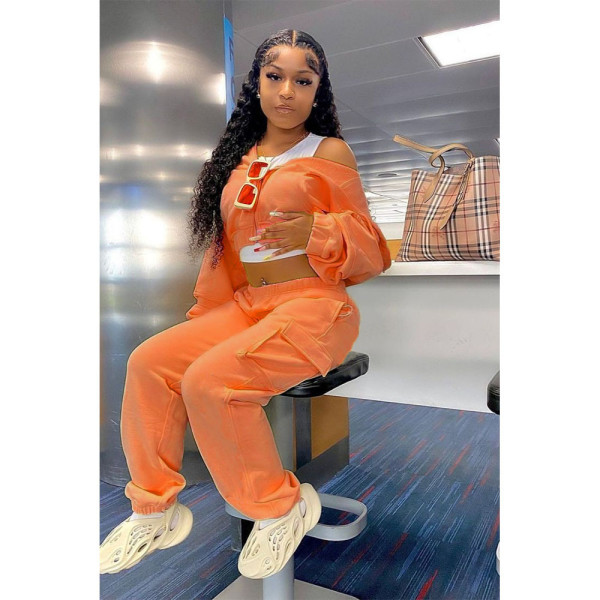 Zipper long sleeved top with side pockets, long pants set