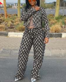 Jacquard plaid washed denim suit