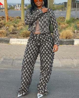 Jacquard plaid washed denim suit