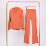 Slim fit stand up collar jacket and cropped bell-bottoms pants set, elastic quick drying fitness yoga suit
