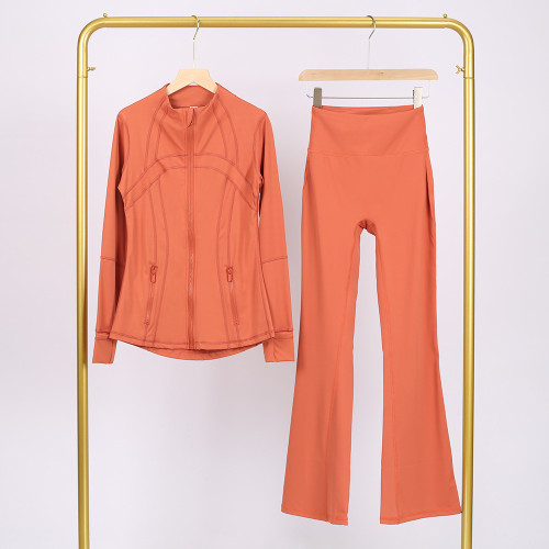 Slim fit stand up collar jacket and cropped bell-bottoms pants set, elastic quick drying fitness yoga suit