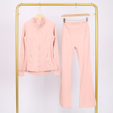 Slim fit stand up collar jacket and cropped bell-bottoms pants set, elastic quick drying fitness yoga suit