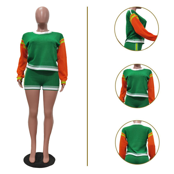 Color blocked long sleeved short knit suit