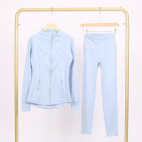 Slim fit stand up collar jacket and cropped pants set, elastic quick drying fitness yoga suit