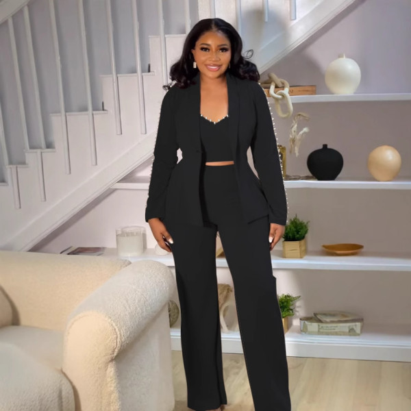 Pearl collar suit three piece set