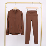 Slim fit stand up collar jacket and cropped pants set, elastic quick drying fitness yoga suit