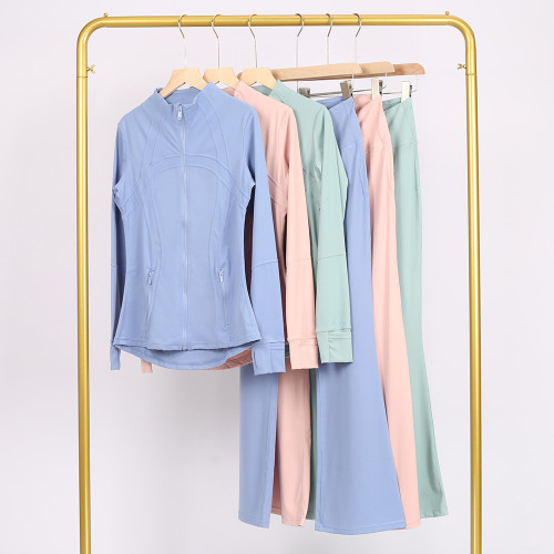 Slim fit stand up collar jacket and cropped bell-bottoms pants set, elastic quick drying fitness yoga suit