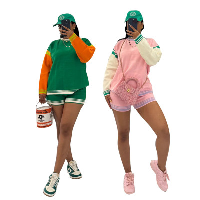 Color blocked long sleeved short knit suit