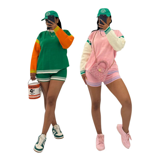 Color blocked long sleeved short knit suit
