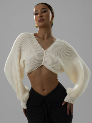 V-neck exposed navel short knitted sweater