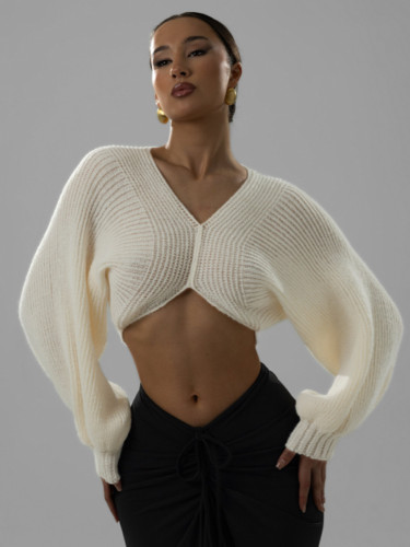 V-neck exposed navel short knitted sweater