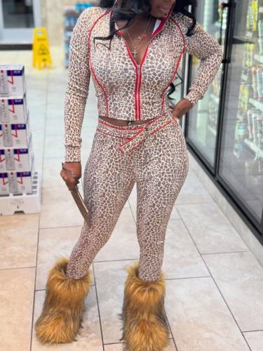 Hip hugging leopard print elastic band long pants zipper cardigan two-piece set