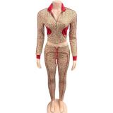 Leopard print contrasting long sleeved zipper cardigan, drawstring pants two-piece set