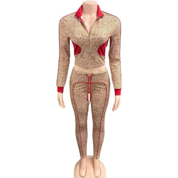 Leopard print contrasting long sleeved zipper cardigan, drawstring pants two-piece set