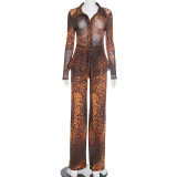 Leopard print mesh collar button up cardigan, flared pants set