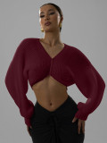 V-neck exposed navel short knitted sweater