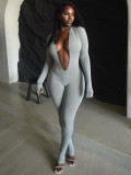 Tight fitting hip lifting long sleeved solid color one-piece pants