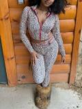 Hip hugging leopard print elastic band long pants zipper cardigan two-piece set