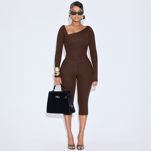 Irregular diagonal collar pullover long sleeved seven quarter pants set
