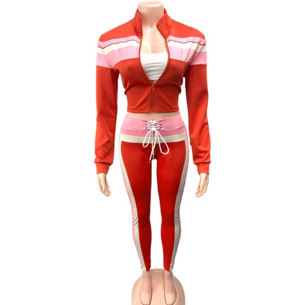 Splicing long sleeved zipper cardigan sports pants two-piece set