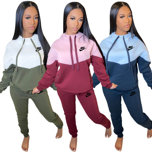 Printed splicing hooded two-piece set