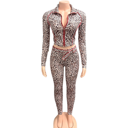 Hip hugging leopard print elastic band long pants zipper cardigan two-piece set