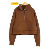 Half zip looped stand up collar loose short and plush hoodie