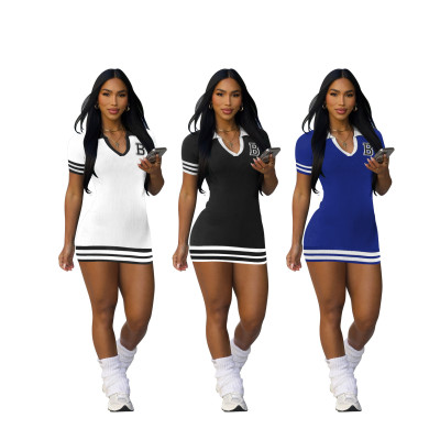 Collar short sleeved dress, pit stripe short skirt
