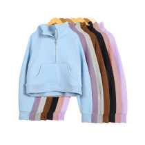 Half zip looped stand up collar loose short and plush hoodie