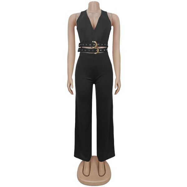 V-neck decorative buckle belt top and pants set