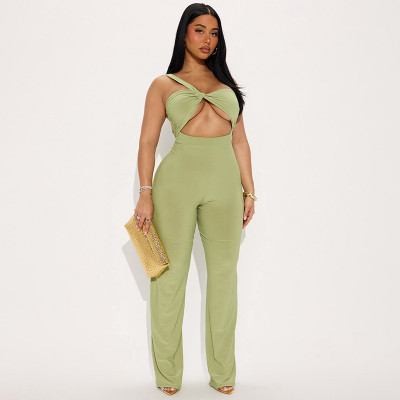 Single shoulder hollowed out strapless open back high waisted flared pants jumpsuit