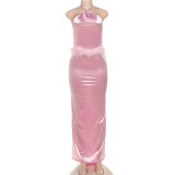 Backless hanging neck spliced high waisted dress