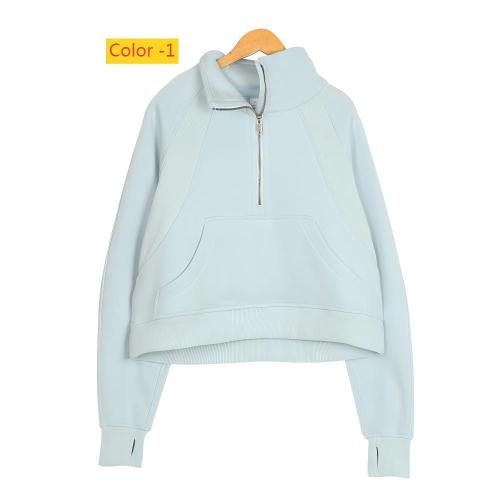 Half zip looped stand up collar loose short and plush hoodie