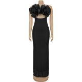 Lace chest flower backless suspender dress